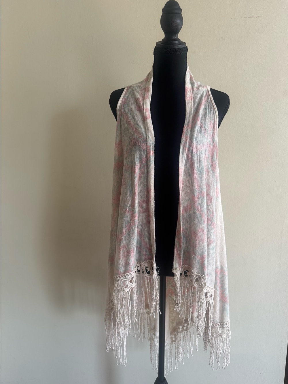 Light Pink Crochet Fringe Kimono Wrap - Soft Open-Front Vest
